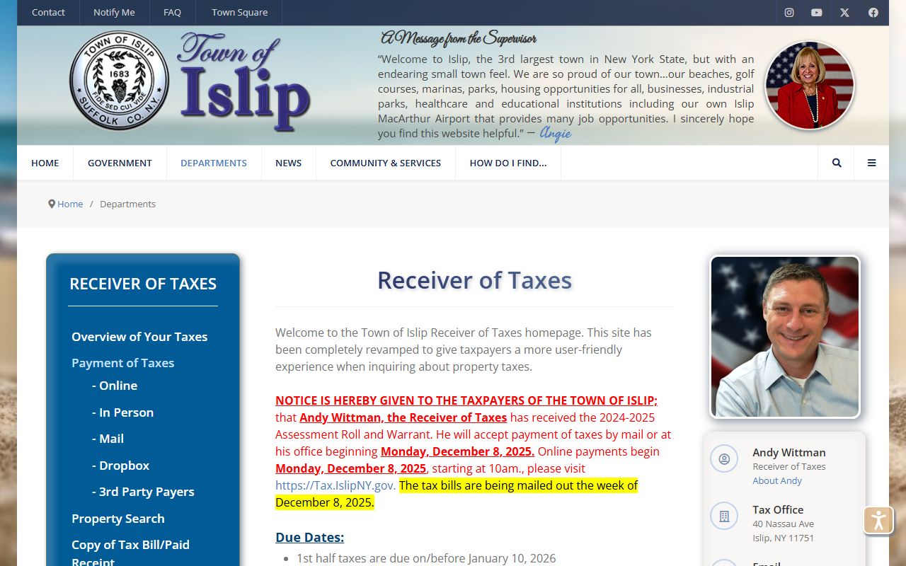 Islip property tax records receiver of taxes page