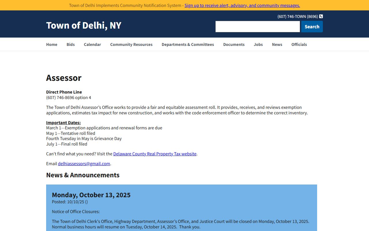 Town of Delhi assessor Delaware County property tax records