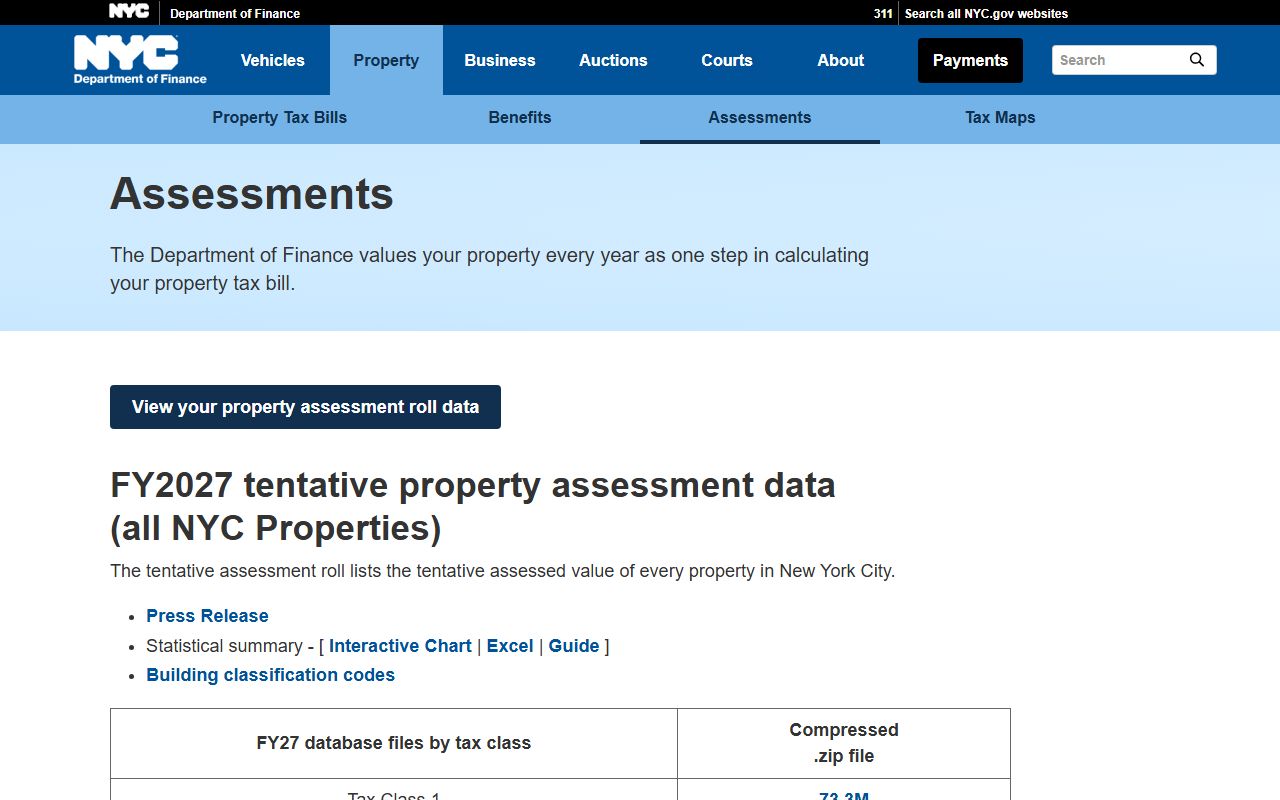 Manhattan property assessments page for New York County property tax records